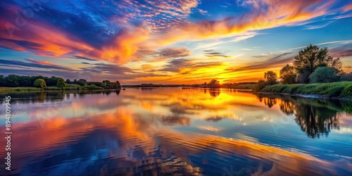Sunset over the river with colorful sky reflecting on water surface, sunset, river, water, colorful, sky, reflection, dusk