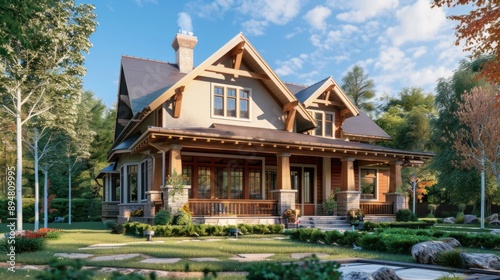 Create a prompt for a photo realistic image of a Craftsman style house with a gable roof, tapered columns, and detailed woodwork.