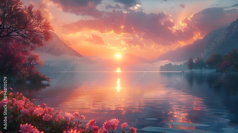 A beautiful sunset over a calm lake, A beautiful sunset over a calm lake,
