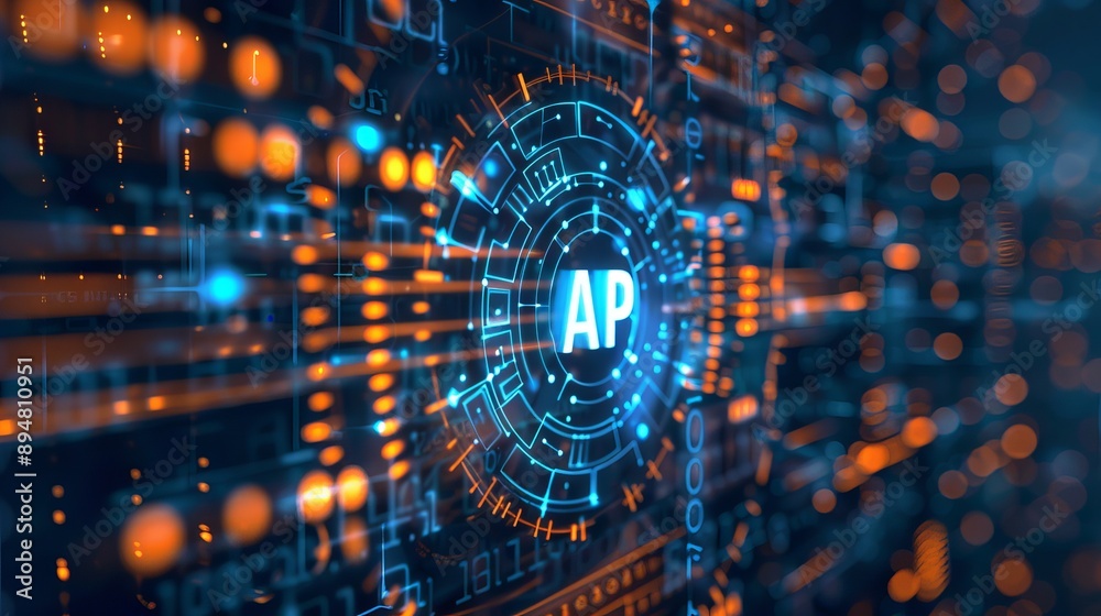 Obraz premium A digital technology background with a focus on the acronym API, which stands for Application Programming Interface, highlighted in the center amidst abstract high-tech elements and binary code. 