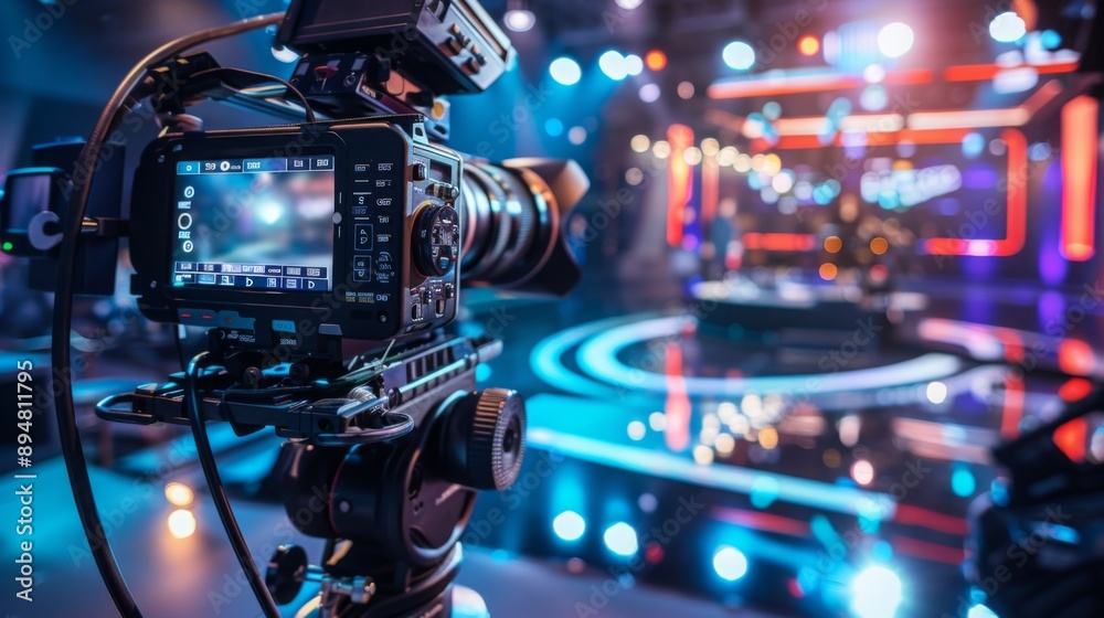 A professional camera is positioned on a tripod, capturing a live event with a brightly lit stage in the background. The camera is focused on the stage, which is illuminated by colorful lights. A professional camera is positioned on a tripod, capturing a live event with a brightly lit stage in the background. The camera is focused on the stage, which is illuminated by colorful lights.