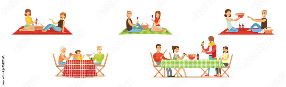 Barbeque Party with People Character Having Meal Outdoor Vector Set