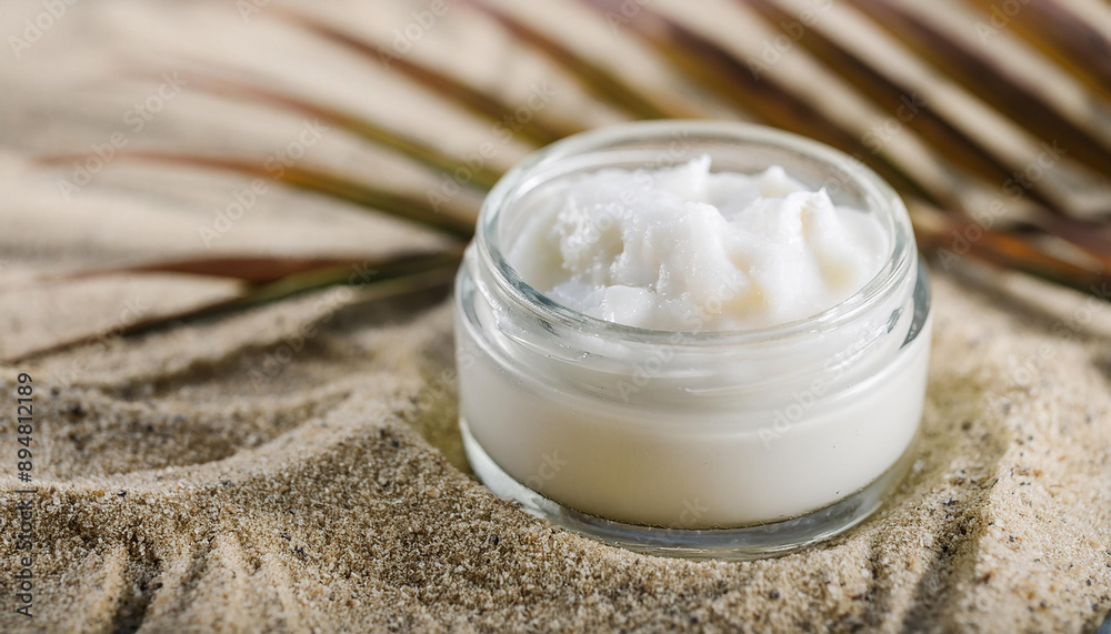 Jar of creamy coconut scrub on sand. Natural cosmetic product. Skin care and beauty concept. Jar of creamy coconut scrub on sand. Natural cosmetic product. Skin care and beauty concept.