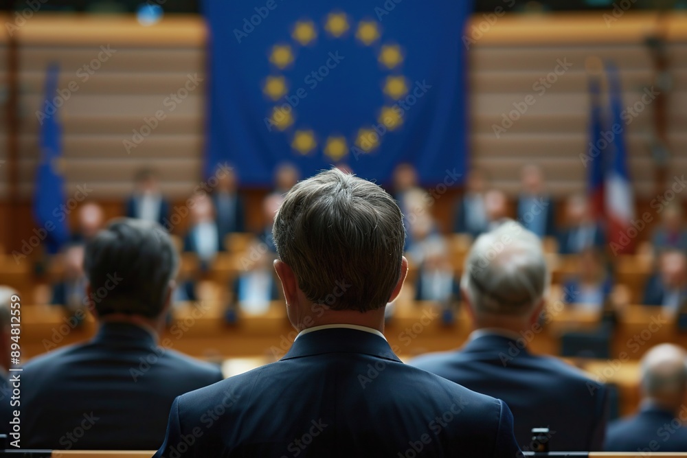 Politicians with back view at EU parliament in front of the European Union flag. Generative Ai Politicians with back view at EU parliament in front of the European Union flag. Generative Ai