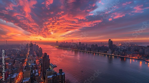 Stunning sunset over a city skyline with dramatic clouds and a vivid sky, reflecting in the river below, creating a breathtaking urban landscape.