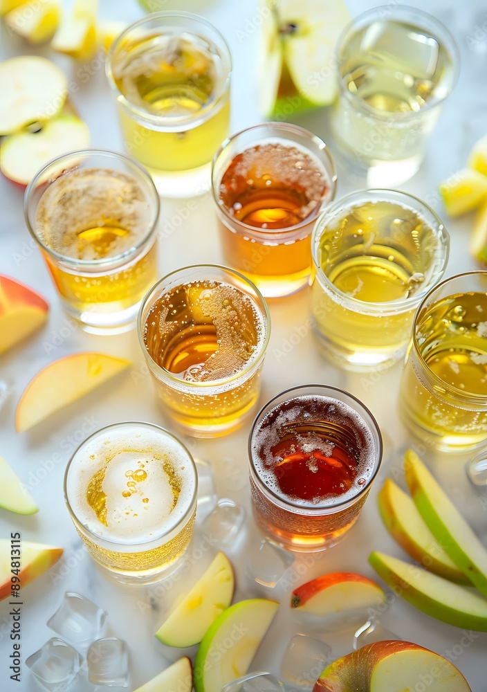 Apple Cider in Glasses with Slices of Apples on a White Marble Background Apple Cider in Glasses with Slices of Apples on a White Marble Background