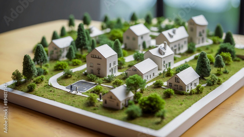 Housing diorama for master development planning. Miniature real estate with greening concept. AI-Generated