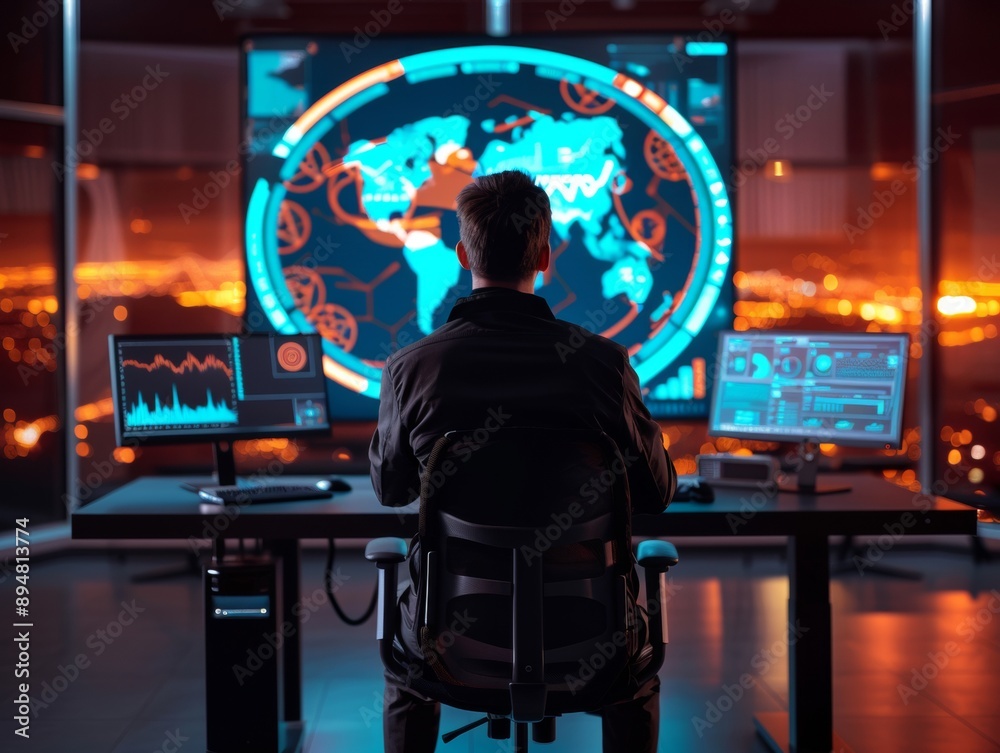 Naklejka premium Futuristic AI Cybersecurity Analyst Monitoring Holographic Threat Dashboard in Modern Office
