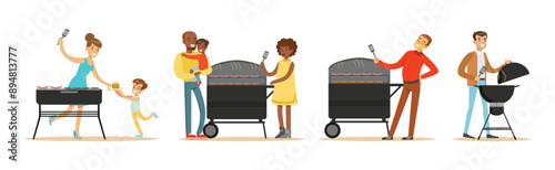 Barbeque Party with People Character Having Meal Outdoor Vector Set