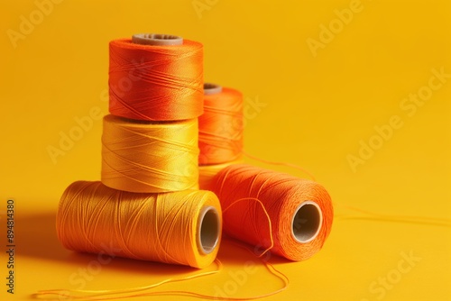 A photo of sewing materials, featuring spools and thread in shades of orange against an isolated yellow background. Space for copy. Sewing and hobby concept.