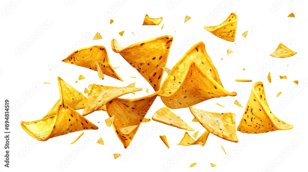 Scattered crunchy nacho chips on a white background, ideal snack for parties, celebrations, and casual dining. Scattered crunchy nacho chips on a white background, ideal snack for parties, celebrations, and casual dining.