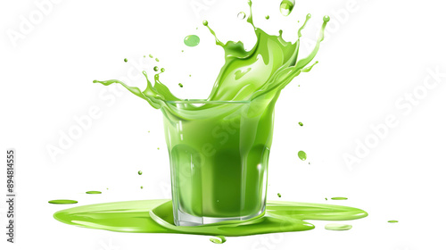 Vibrant green juice splash captured in mid-air, showcasing freshness and dynamic motion against a clean background.