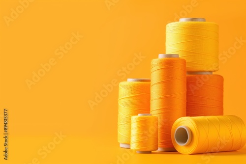 A photo of sewing materials, featuring spools and thread in shades of orange against an isolated yellow background. Space for copy. Sewing and hobby concept.