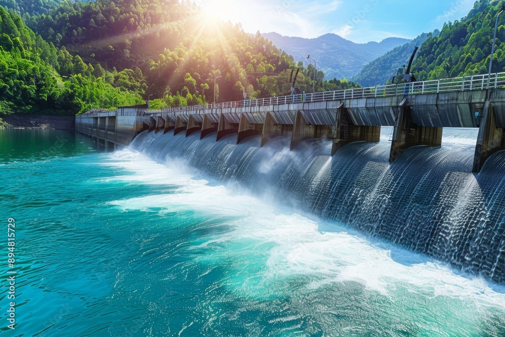 Dam releasing water into a blue lake with mountains in the background. Dam releasing water into a blue lake with mountains in the background.
