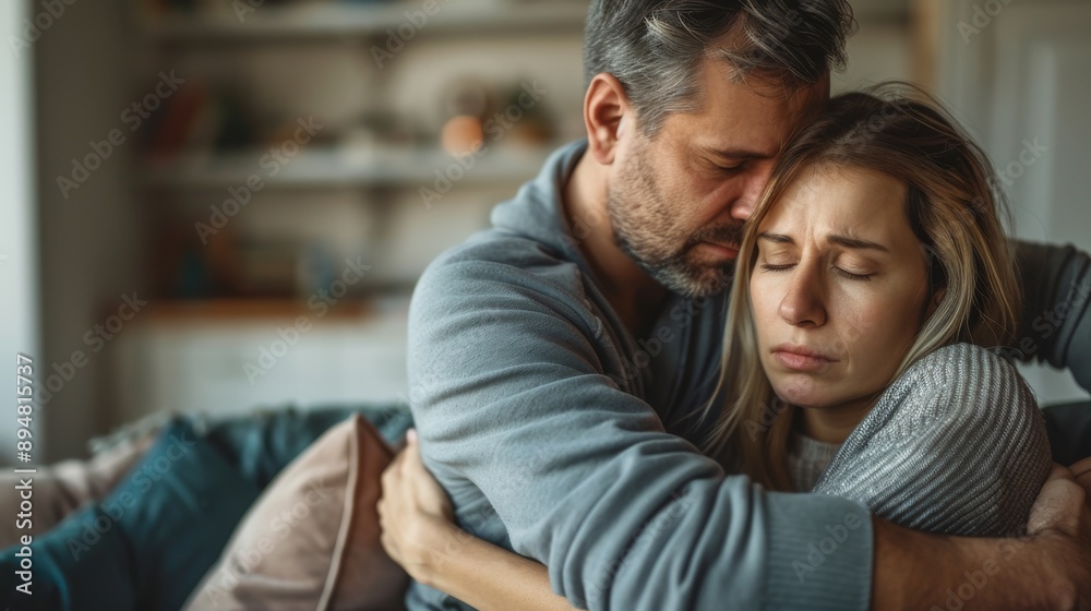 Fototapeta premium Caring husband soothes upset wife at home. Supportive partner offering comfort and love.