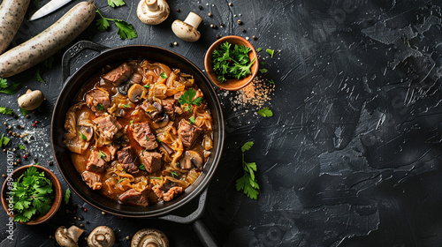 Fototapeta Naklejka Na Ścianę i Meble -  Traditional polish Bigos in black pan on dark stone background. Stewed cabbage with sauerkraut, mushrooms, smoked meats and spices. 