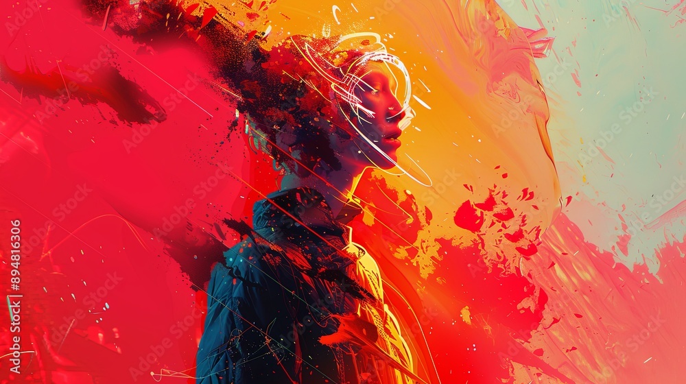 person with dynamic splashes of red, orange, and yellow hues, creating an energetic and expressive visual impact