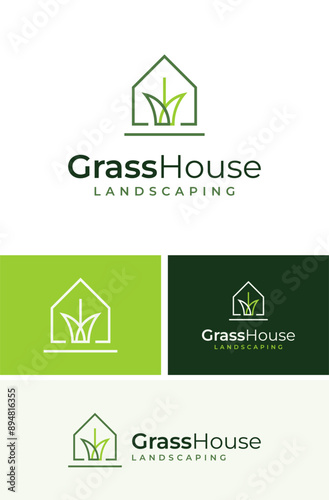 Creative House Home Grass Landscape Lawn Yard Park Care Logo Design Branding Template