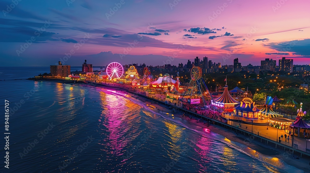 Fototapeta premium Stunning aerial view of a brightly lit amusement park by the sea at dusk, with colorful lights reflecting on the water under a beautiful sunset sky.
