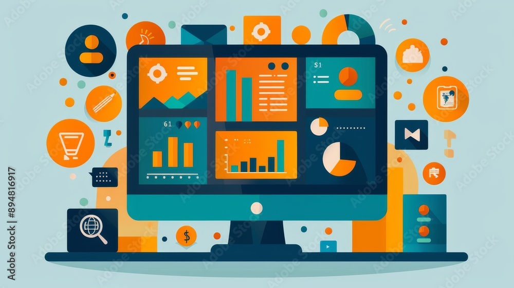 a computer screen displays graphs and designs illustration a computer screen displays graphs and designs illustration