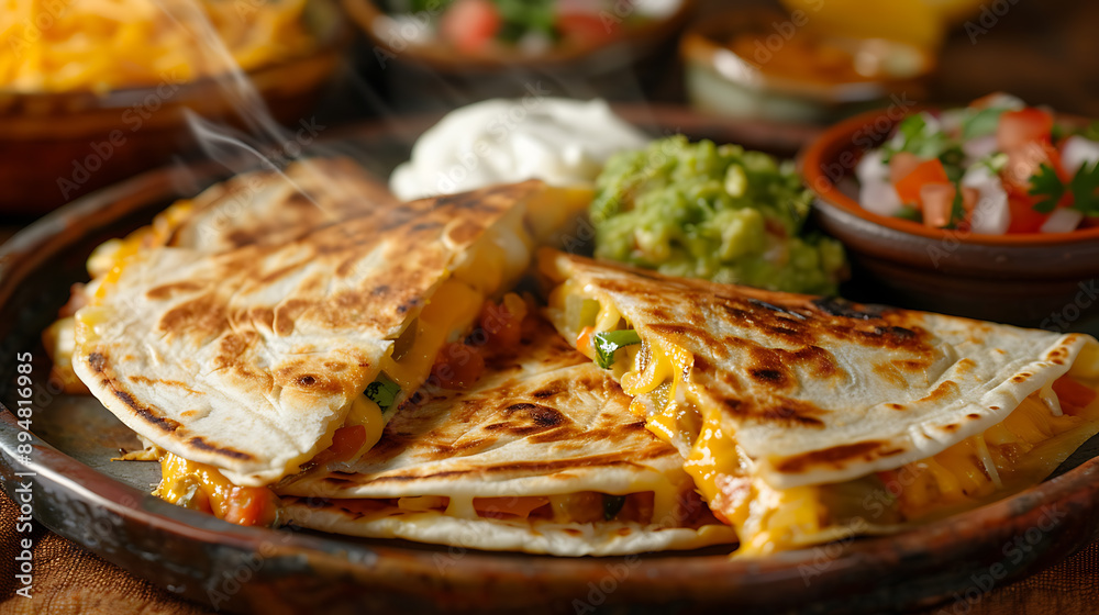 Close-Up of Steaming Cheesy Quesadillas with Tasty Sides Close-Up of Steaming Cheesy Quesadillas with Tasty Sides