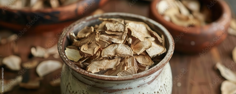 Dried dandelion root slices in a ceramic jar, traditional diabetes herb