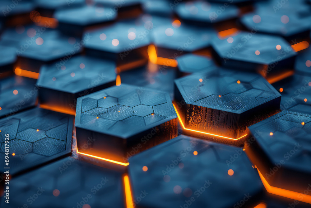 Dark geometric hexagonal design illuminated by alternating blue and orange light reflections, creating a mesmerizing effect, Dark geometric hexagonal design illuminated by alternating blue and orange light reflections, creating a mesmerizing effect,