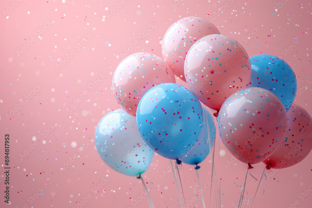 Clean, abstract balloons and confetti, set against a light pink background,
