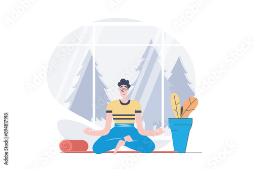 Hobby concept in modern flat design for web. Man sitting in lotus asana and meditating in yoga class, training concentration, calm and emotional balance in spirituality practices. Vector illustration.