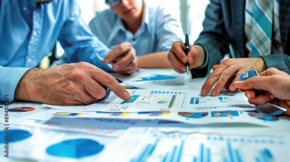 Generate a photo realistic image of a construction project team in a meeting discussing expense allocation with detailed charts and budgeting documents; ensure the image is of high resolution 