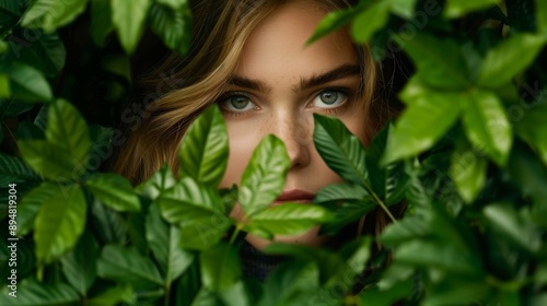 A captivating portrait of a woman framed by lush green leaves, showcasing her striking blue eyes and natural beauty.