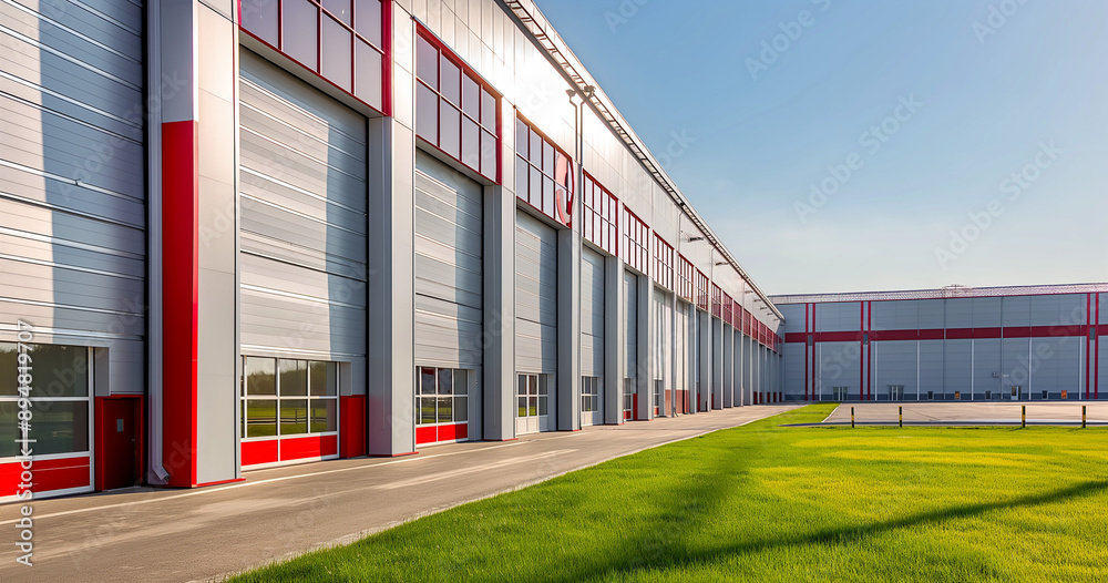 Exterior of a gray industrial warehouse dock station with white walls and red edges, surrounded by green grass. Commercial storehouse building, business unit, cargo factory, distribution, logistics. Exterior of a gray industrial warehouse dock station with white walls and red edges, surrounded by green grass. Commercial storehouse building, business unit, cargo factory, distribution, logistics.
