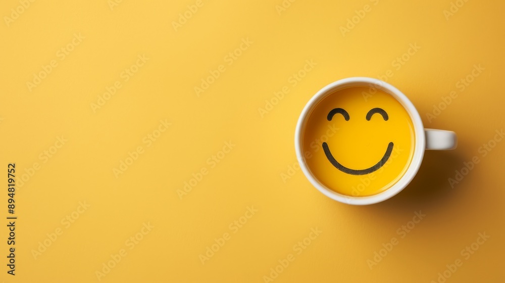 A cheerful cup with a smiling face filled with orange drink, set against a bright yellow background, radiating positivity.