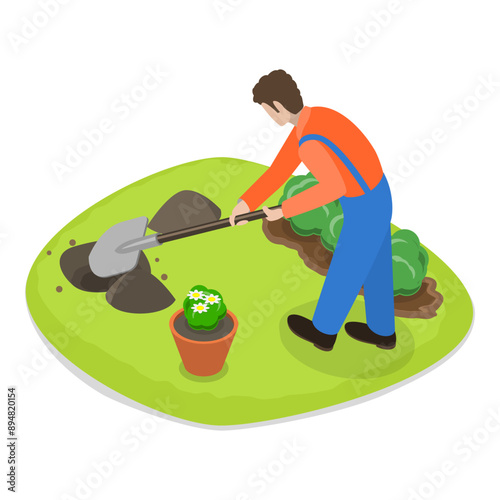 3D Isometric Flat Vector Set of Garden Tools And People, Landscape Designers and Farming Equipment. Item 3