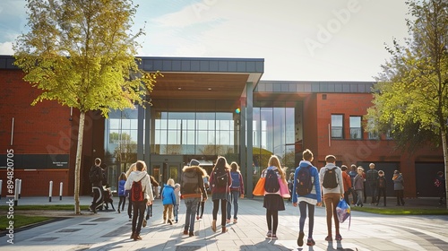 A group of students with backpacks walk towards a modern school entrance on a sunny day photo