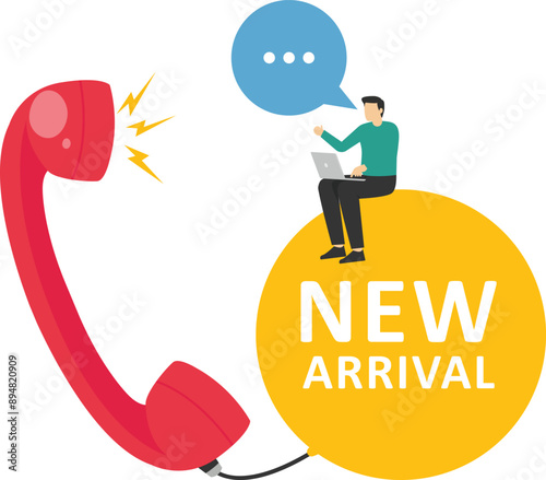 Confidence salesman standing with telephone connected to bubble, new arrival. Telemarketing or telesales, phone call for selling product or business deal via telephone call, insurance agent concept.

