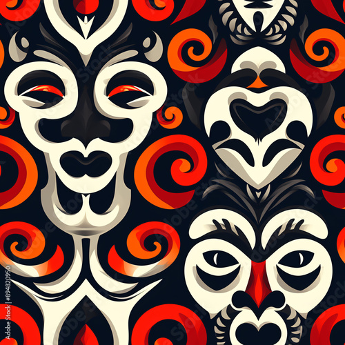 Colorful cartoon pattern of maori tattoos and symbols, with spirals, faces and traditional designs, in cartoon style, with black, white and red accents (tile) photo