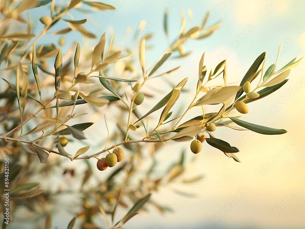 A close-up of an olive branch with delicate green leaves and small olives, set against a soft-focus background of the sky.