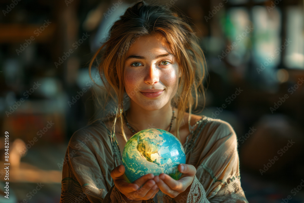 A woman holding a globe, with continents transforming into abstract symbols of unity and peace, A woman holding a globe, with continents transforming into abstract symbols of unity and peace,