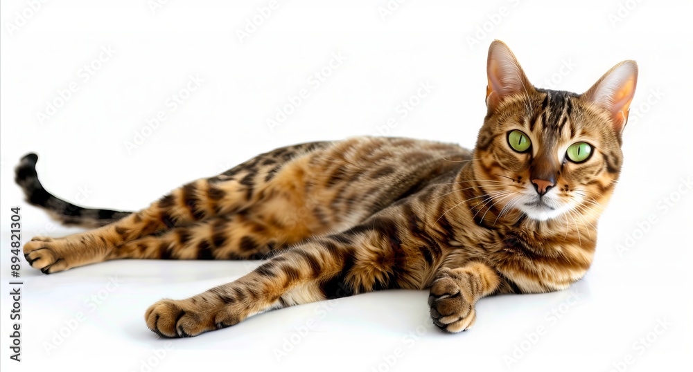 A cat with green eyes laying on the ground.
