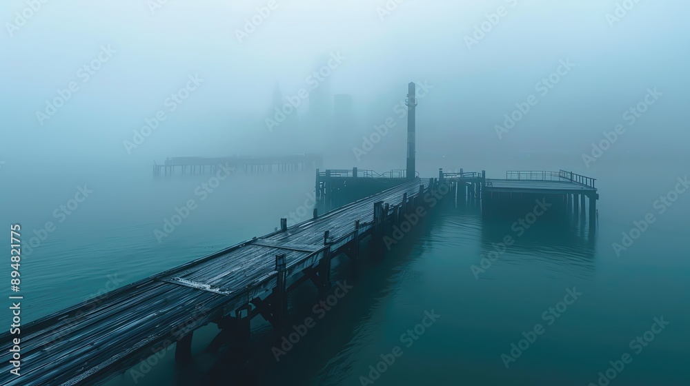 Fototapeta premium Eerie mist shrouds an abandoned pier extending into still waters, merging with distant structures in a foggy, tranquil seascape.