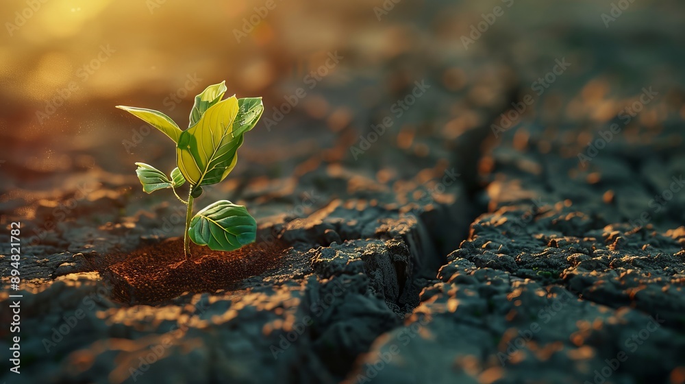 young plant sprouting from cracked earth, nature rebirth image. young plant sprouting from cracked earth, nature rebirth image.