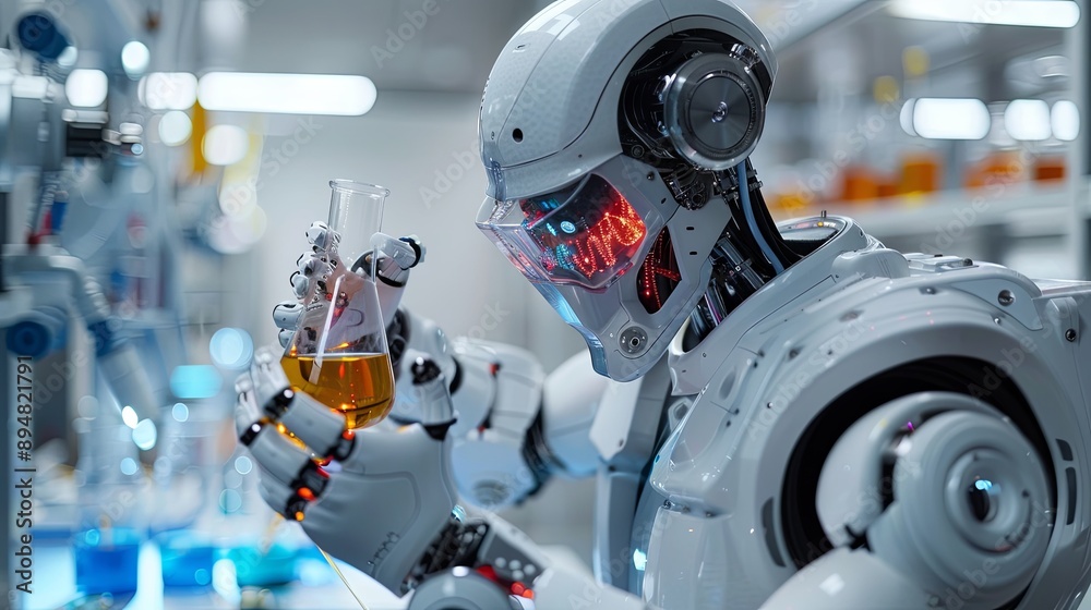 Fototapeta premium A cyborg chemist robot holds a flask with colorful liquid under a laboratory table in a white lab setting