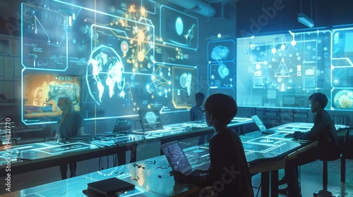 A futuristic classroom where students are learning through interactive holograms and advanced digital interfaces, blending technology and education to create an immersive and innovative learning © Poobest