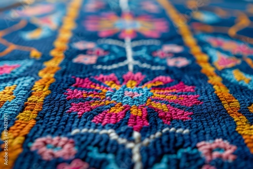 Blue ornamental rug or carpet, close-up shot