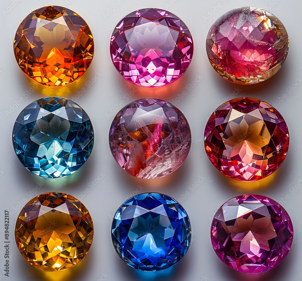 A group of colorful gemstones on a white surface.