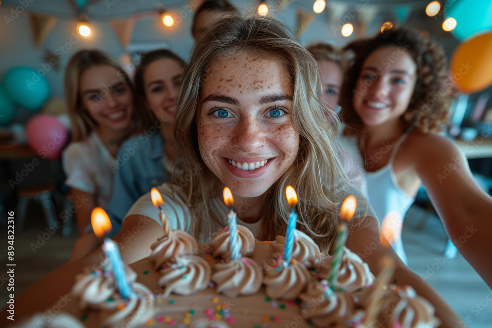 A group of employees taking a selfie with a birthday cake, with tech-themed decorations around them, A group of employees taking a selfie with a birthday cake, with tech-themed decorations around them,