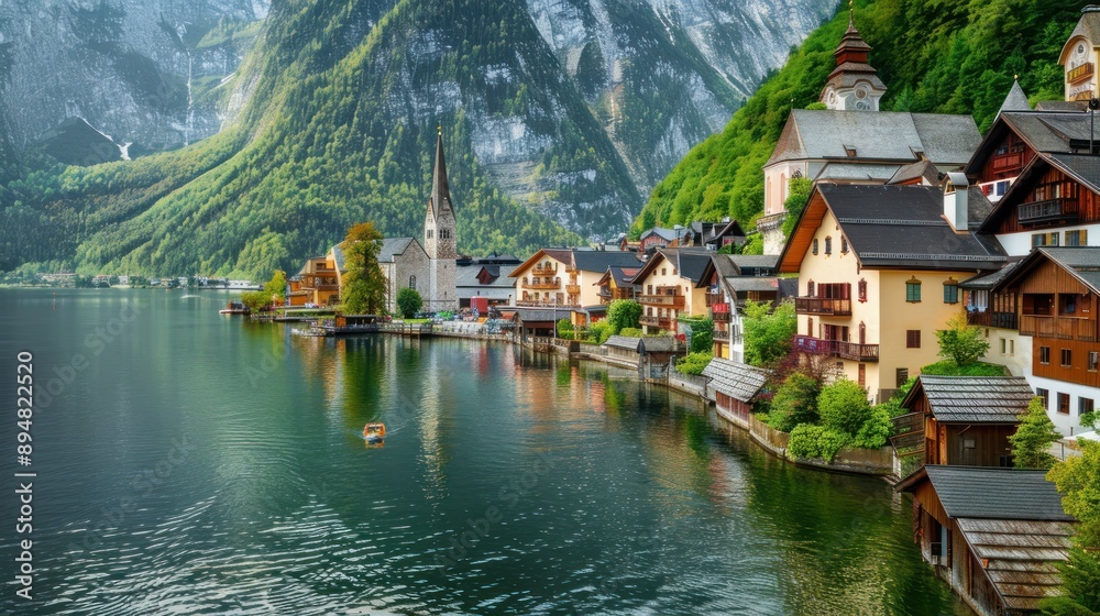 Naklejka premium Picturesque Village by the Lake with Mountain Views