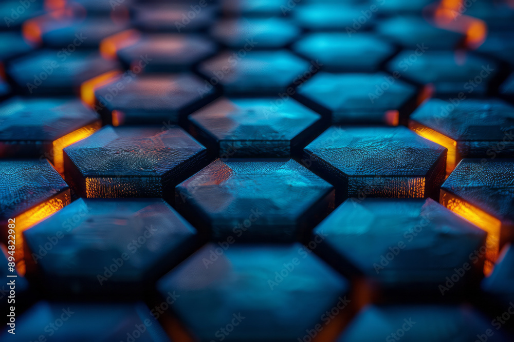 Abstract hexagonal pattern on a dark background with vibrant blue and orange light reflections, creating a captivating visual, Abstract hexagonal pattern on a dark background with vibrant blue and orange light reflections, creating a captivating visual,