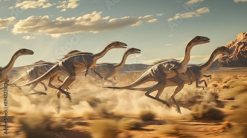 A group of Gallimimus running in unison across an expansive desert landscape. photo